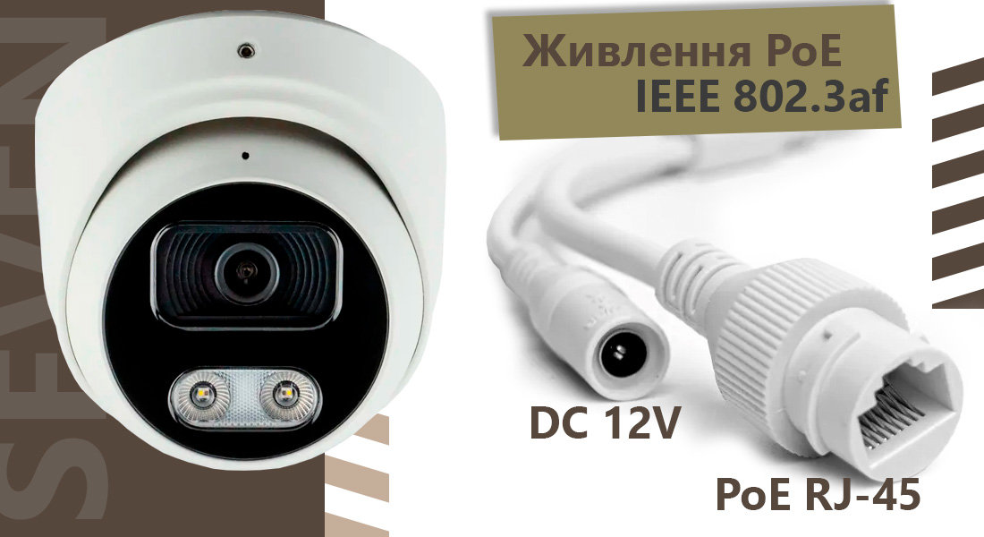 IP-відеокамера 8 Мп SEVEN IP-7218PA-DL white 2,8 мм з розумним подвійним підсвічуванням IP-камера SEVEN IP-7215PA-DL white підтримує живлення PoE за стандартом IEEE 802.3af через Ethernet-кабель. PoE кабель із роз’ємом RJ-45, забезпечує одночасну передачу живлення та даних по одному мережевому кабелю, що значно знижує витрати на проводку та спрощує монтаж системи.